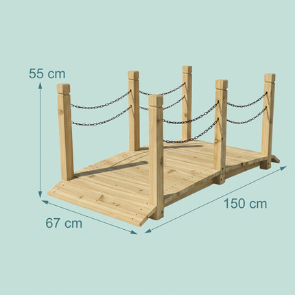 Wooden Garden Bridge With Chain Railing, Weatherproof