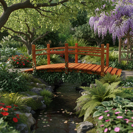 Wooden Garden Bridge with Arch and Railing