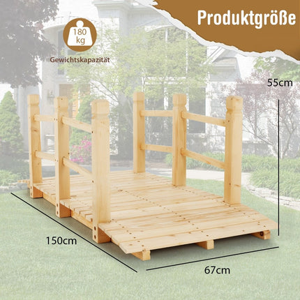 Wooden Garden Bridge with Railings, Holds Up to 100kg