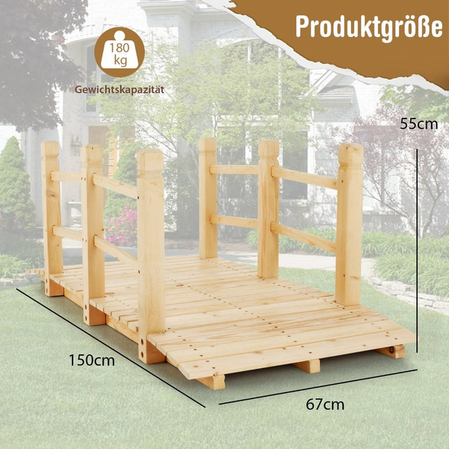 Wooden Garden Bridge with Railings, Holds Up to 100kg