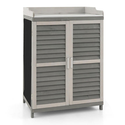 Wooden Garden Cabinet with Metal Top & 2 Shelves, Grey