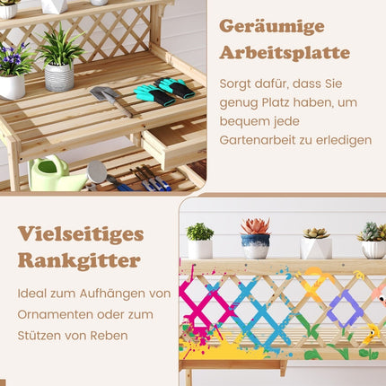 Wooden Garden Potting Bench with Trellis and Storage Shelves