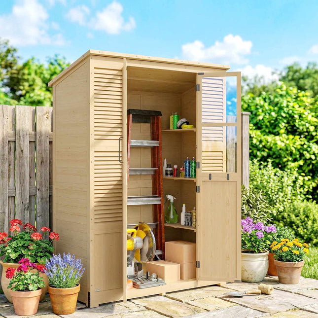 Wooden Garden Shed with Shelves, Double Doors, 147x68x198cm