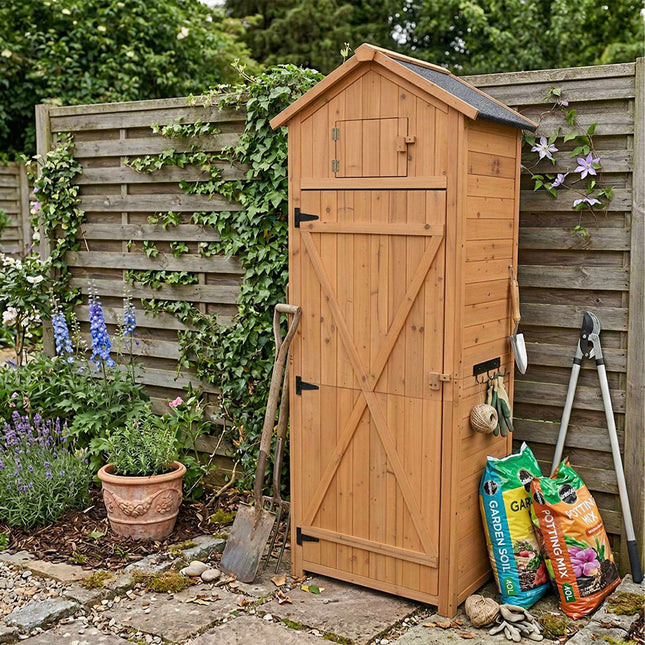 Wooden Garden Tool Shed with Shelves and Weatherproof Roof