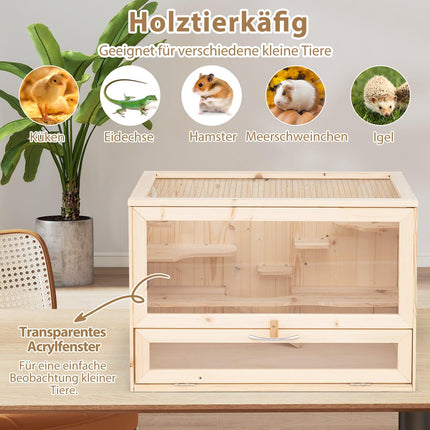 Wooden Hamster Cage with Mesh Lid & Multi-Ladders