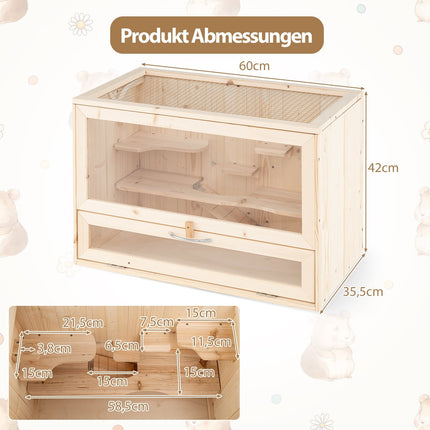 Wooden Hamster Cage with Mesh Lid & Multi-Ladders