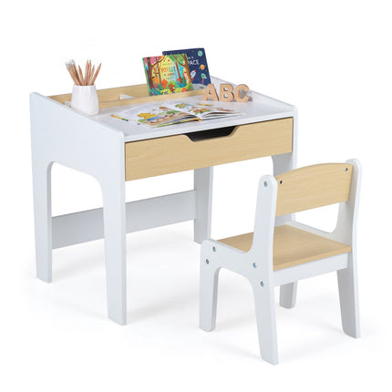 Wooden Kids Desk and Chair Set with Pull-Out Drawer, Natural/White