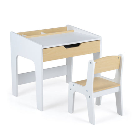 Wooden Kids Desk and Chair Set with Pull-Out Drawer, Natural/White