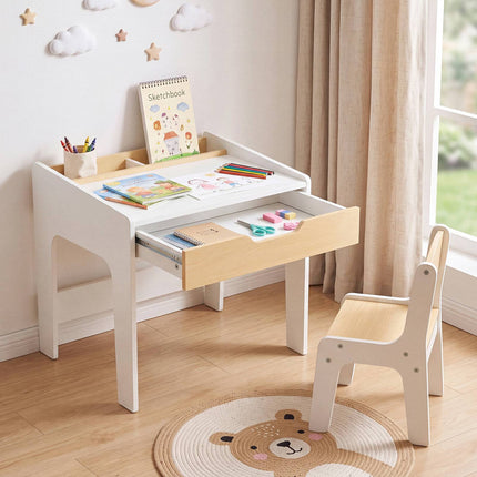 Wooden Kids Desk and Chair Set with Pull-Out Drawer, Natural/White