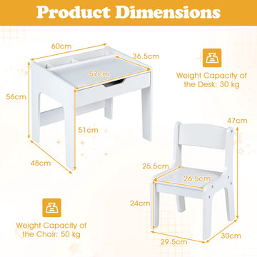 Wooden Kids Desk and Chair Set with Pull-Out Drawer, White, 3 Compartments