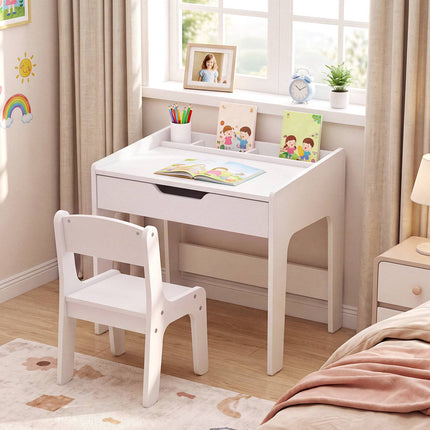 Wooden Kids Desk and Chair Set with Pull-Out Drawer, White, 3 Compartments