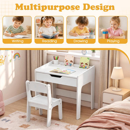 Wooden Kids Desk and Chair Set with Pull-Out Drawer, White, 3 Compartments