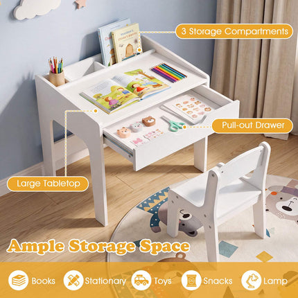 Wooden Kids Desk and Chair Set with Pull-Out Drawer, White, 3 Compartments