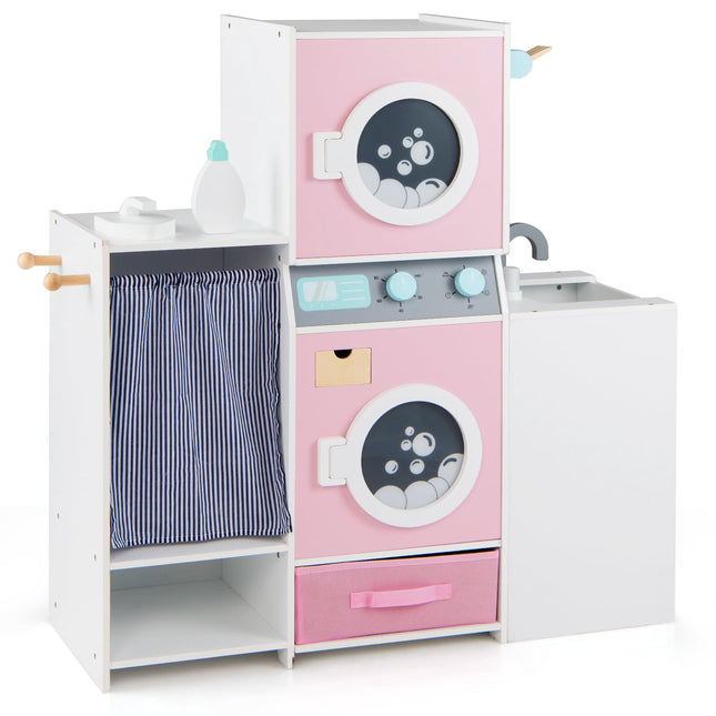 Wooden Kids Laundry Set with Washer, Iron, Detergent