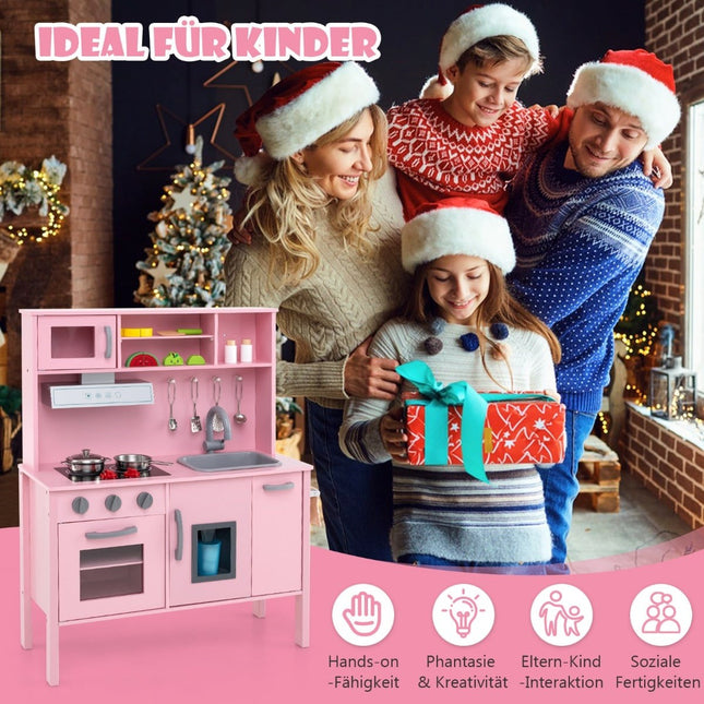 Wooden Kids Play Kitchen Set with Microwave, Pink, 72x30x90 cm