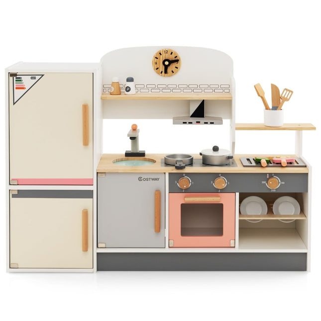 Wooden Kids Play Kitchen with Hood, Fridge, and Faucet