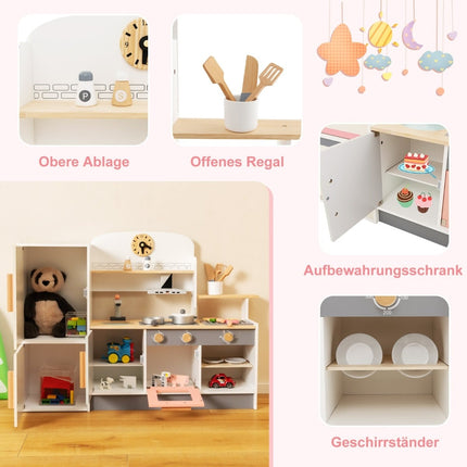 Wooden Kids Play Kitchen with Hood, Fridge, and Faucet
