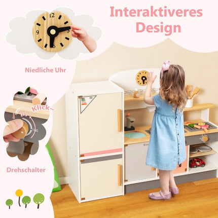 Wooden Kids Play Kitchen with Hood, Fridge, and Faucet