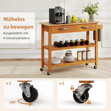 Wooden Kitchen Cart with Countertop, Drawers & Shelves