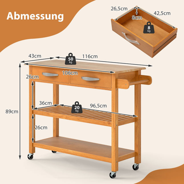 Wooden Kitchen Cart with Countertop, Drawers & Shelves