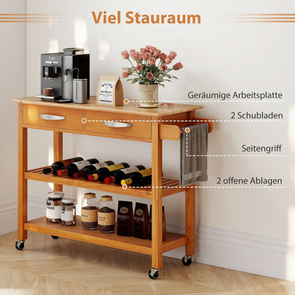 Wooden Kitchen Cart with Countertop, Drawers & Shelves