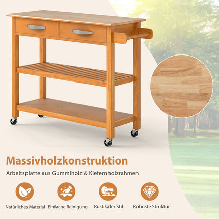 Wooden Kitchen Cart with Countertop, Drawers & Shelves