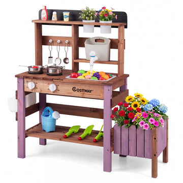 Wooden Mud Kitchen Set with Faucet and Gardening Tools