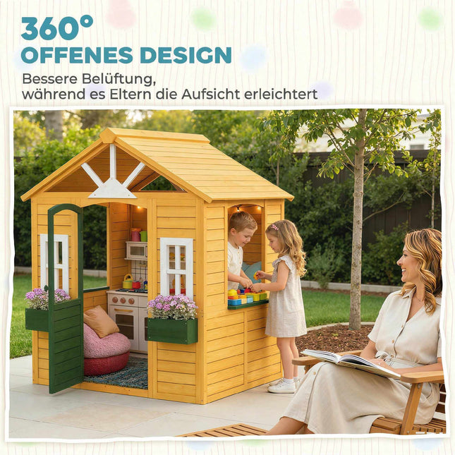 Wooden Outdoor Playhouse with Door, Windows & Planters
