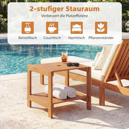 Wooden Outdoor Side Table with Umbrella Hole & Shelves