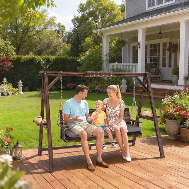 Wooden Outdoor Swing Chair with Cushion, 3-Seater