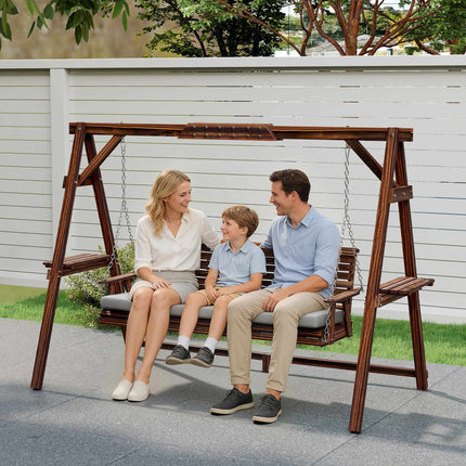 Wooden Outdoor Swing Chair with Cushion, 3-Seater