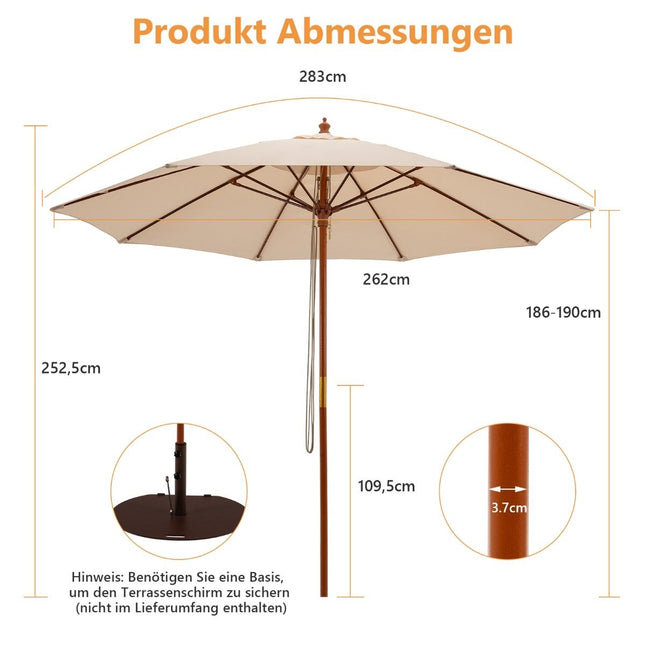 Wooden Patio Umbrella with Pulley, 283 x 252.5 cm, Beige