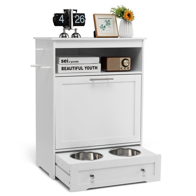Wooden Pet Feeding Station for Feeding and Watering with Stainless Steel Bowl & Hangers White
