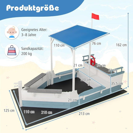 Wooden Pirate Ship Sandbox with Roof and Bench