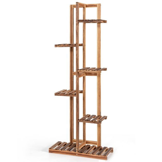 Wooden Plant Stand, 6-Tier Pine Rack With Wall Mount
