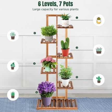 Wooden Plant Stand, 6-Tier Pine Rack With Wall Mount