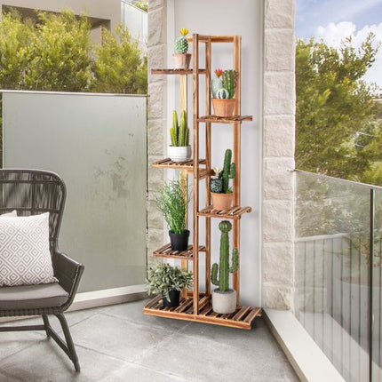 Wooden Plant Stand, 6-Tier Pine Rack With Wall Mount