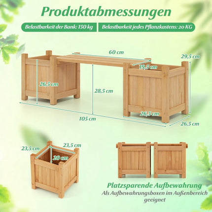 Wooden Planter Bench with 2 Side Planters, Teak Oil Finish