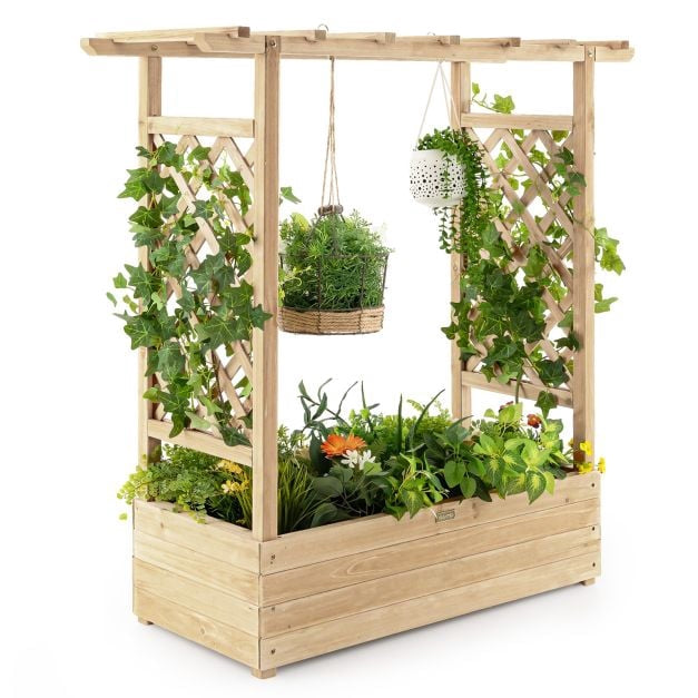 Wooden Planter Box With Trellis and Roof, Fir Wood
