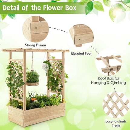 Wooden Planter Box With Trellis and Roof, Fir Wood