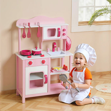 Wooden Play Kitchen Set with Accessories – Pink, Compact