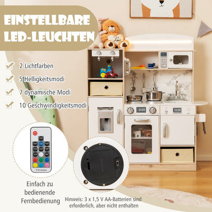 Wooden Play Kitchen Set with LED Lights & Storage