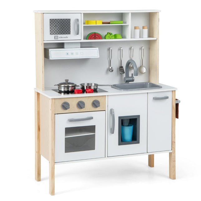 Wooden Play Kitchen Set with Microwave, 18 Accessories