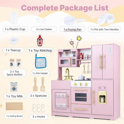 Wooden Play Kitchen for Kids with Lights and Sounds, Ice Dispenser, Pink