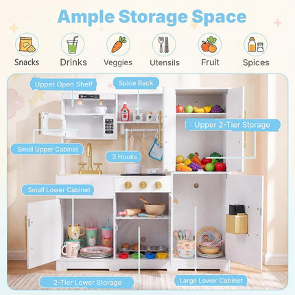 Wooden Play Kitchen for Kids with Lights and Sounds, Ice Dispenser, White