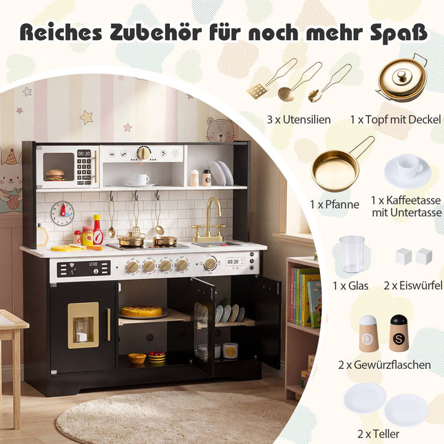 Wooden Play Kitchen with Light & Sound, Black, 14 Accessories