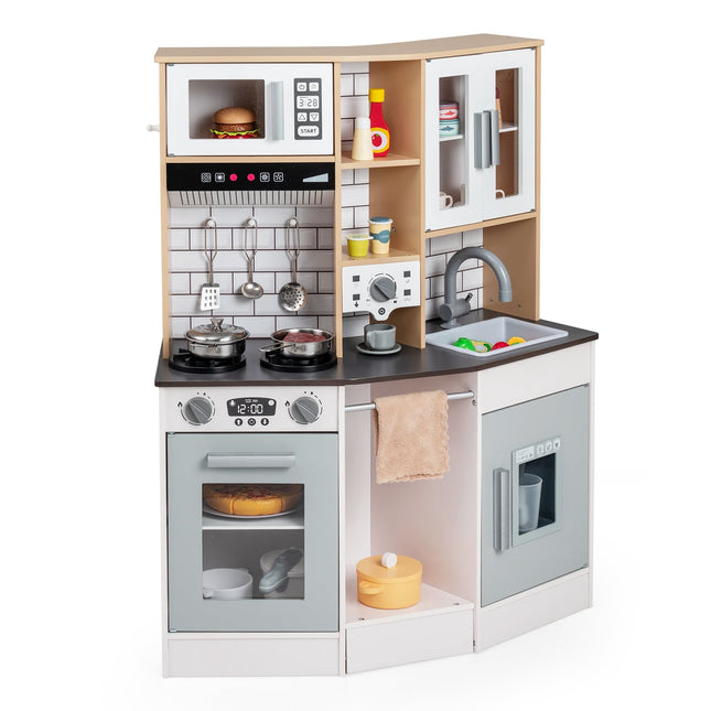 Wooden Play Kitchen with Light, Sound, Ice Maker – Gray