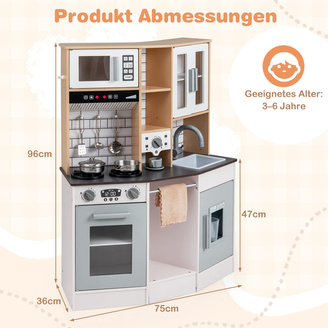 Wooden Play Kitchen with Light, Sound, Ice Maker – Gray