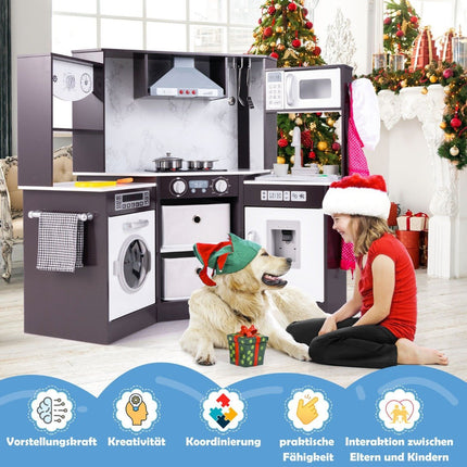 Wooden Play Kitchen with Light, Sound, Water Dispenser & Washer