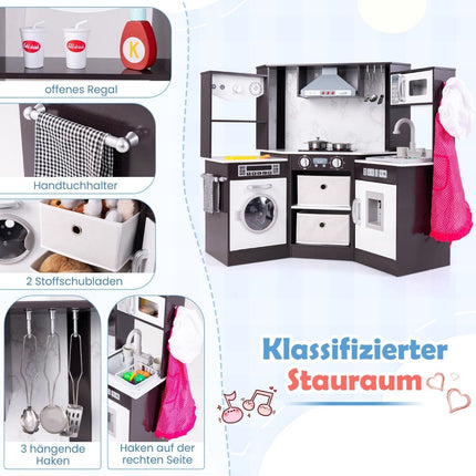 Wooden Play Kitchen with Light, Sound, Water Dispenser & Washer